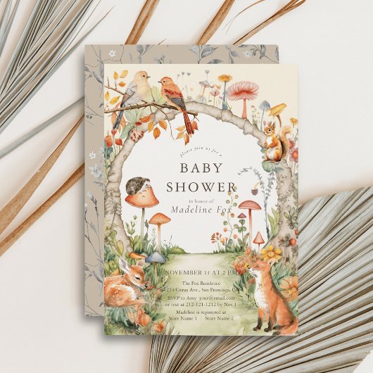 Invitation Bois Animaux Champignons Jardin Baby shower