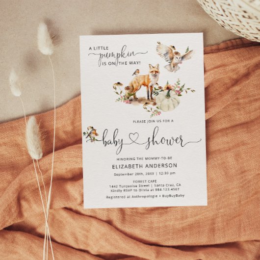 Invitation Bois Animaux Citrouille Automne Baby shower floral