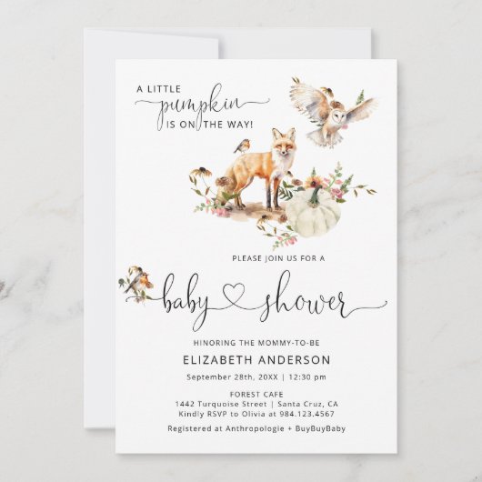 Invitation Bois Animaux Citrouille Baby shower Demande de rés (Devant)