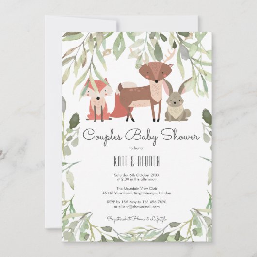 Invitation Bois Animaux Couples Baby shower / Saupoudrer (Devant)