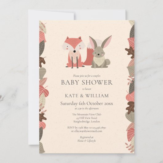 Invitation Bois Animaux Couples Baby shower Saupoudrer (Devant)