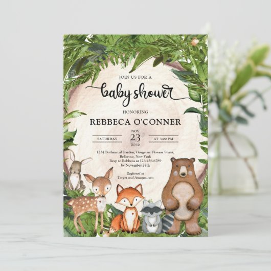 Invitation Bois animaux de forêt verdure tranche de bois (Debout devant)