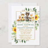 Invitation Bois Animaux Fleurs de soleil Baby shower d'or ver (Devant)