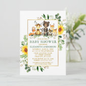 Invitation Bois Animaux Fleurs de soleil Baby shower d'or ver (Debout devant)