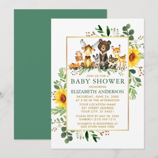 Invitation Bois Animaux Fleurs de soleil Baby shower d'or ver (Devant / Derrière)
