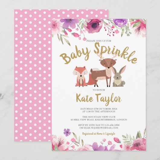 Invitation Bois Animaux Floral Baby Girl Sprinkle/Douche (Devant / Derrière)