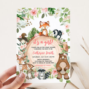 Invitation Bois Animaux Floral Baby shower en tranches de boi
