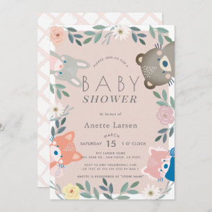 Invitation Bois Animaux Floral Rose Girl Baby shower