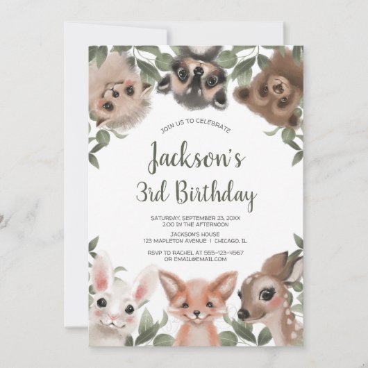 Invitation Bois animaux forêt amis garçon fête d'anniversaire (Devant)