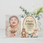 Invitation Bois animaux forêt garçon de 1er anniversaire phot (Debout devant)