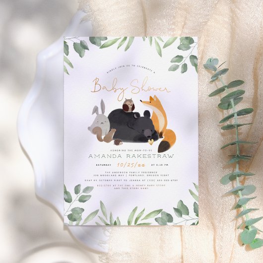 Invitation Bois Animaux Forêt Verdure Baby shower d'or