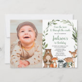 Invitation Bois animaux garçon fille 1er anniversaire photo (Devant)