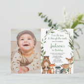 Invitation Bois animaux garçon fille 1er anniversaire photo (Debout devant)