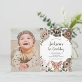 Invitation Bois animaux garçons 1er anniversaire photo (Debout devant)