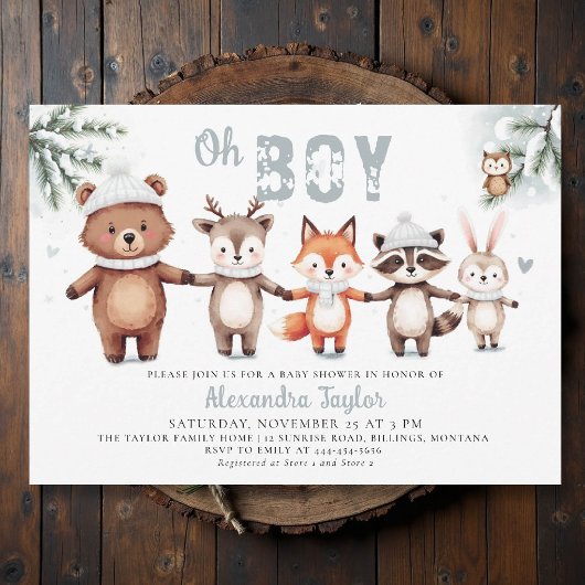 Invitation Bois Animaux Mignons Hiver Oh Baby shower Garçon