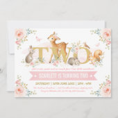 Invitation Bois Animaux Or rose Floral 2e anniversaire (Devant)