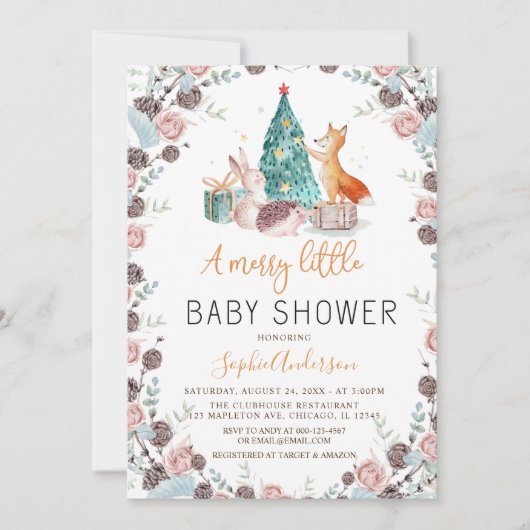 Invitation Bois Animaux Pins Baby shower de Noël (Devant)