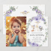 Invitation Bois Animaux Purple Floral Verdure Anniversaire (Devant / Derrière)