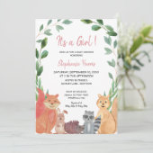 Invitation Bois Animaux rose bébé Baby shower fille (Debout devant)