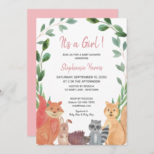 Invitation Bois Animaux rose bébé Baby shower fille (Devant / Derrière)
