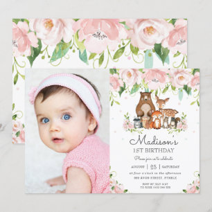 Invitation Bois Animaux Rose Floral 1er anniversaire Photo