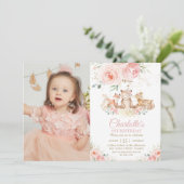 Invitation Bois Animaux Rose Floral 1er anniversaire Photo (Debout devant)