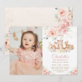 Invitation Bois Animaux Rose Floral 1er anniversaire Photo (Devant / Derrière)