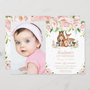 Invitation Bois Animaux Rose Floral 1er anniversaire Photo
