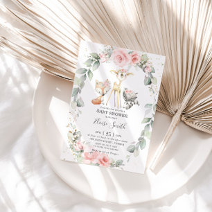 Invitation Bois Animaux Rose Floral Baby shower