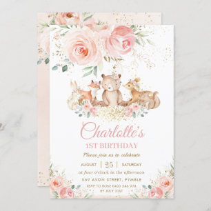 Invitation Bois Animaux Rose Floral Gold Girl Anniversaire 
