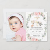 Invitation Bois Animaux Rose Floral Wreath Photo Anniversaire (Devant)