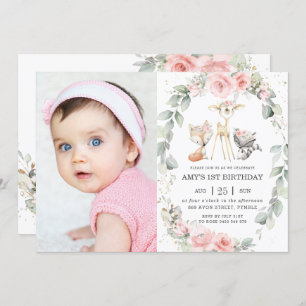Invitation Bois Animaux Rose Floral Wreath Photo Anniversaire