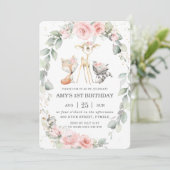 Invitation Bois Animaux Rose Flore Verdure Anniversaire (Debout devant)