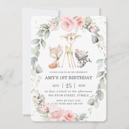 Invitation Bois Animaux Rose Flore Verdure Anniversaire (Devant)