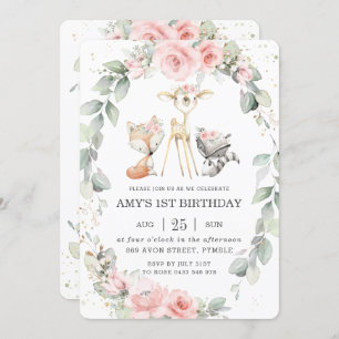 Invitation Bois Animaux Rose Flore Verdure Anniversaire