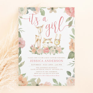 Invitation Bois Animaux Rustiques Floral Girl Baby shower