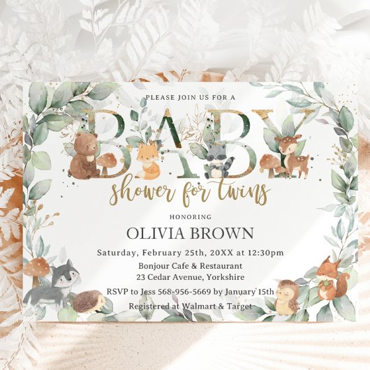 Invitation Bois Animaux Sage Verdure Jumeaux Baby shower