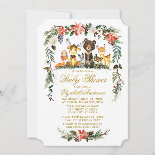 Invitation Bois Animaux Vacances Baby shower Or