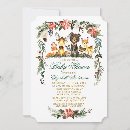 Invitation Bois Animaux Vacances Green Gold Baby shower (Devant)