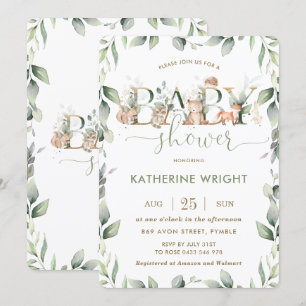 Invitation Bois Animaux Végétation Baby shower Garçon Fille