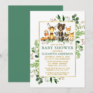 Invitation Bois Animaux Végétation Baby shower Or
