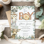 Invitation Bois Animaux Végétation Bois Baby shower garçon<br><div class="desc">Personnalisez facilement et rapidement cette invitation enchanteresse de Baby shower d'animaux de bois. Cliquez simplement sur le bouton customiser pour modifier les textes, modifier les polices et les couleurs des polices. Doté d'une aquarelle dessinée à la main par des animaux de bois et d'un feuillage vert rustique, le titre "It's...</div>