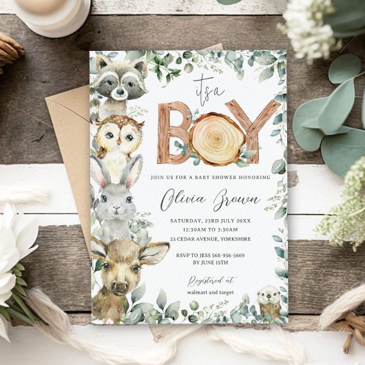 Invitation Bois Animaux Végétation Bois Baby shower garçon