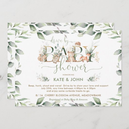 Invitation Bois Animaux Végétation Conduite Par Baby shower (Devant / Derrière)