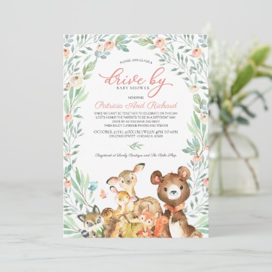 Invitation Bois Animaux Végétation Conduite Par Baby shower (Debout devant)