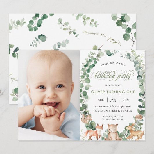 Invitation Bois Animaux Végétation Fête d'anniversaire Photo (Devant / Derrière)