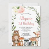 Invitation Bois animaux verdure fleurs filles anniversaire (Devant)