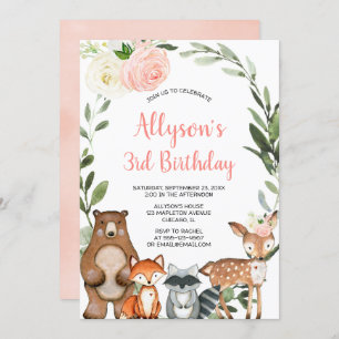 Invitation Bois animaux verdure fleurs filles anniversaire