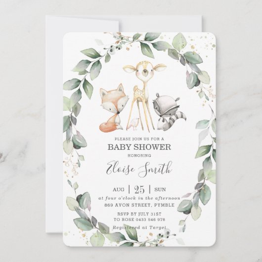 Invitation Bois Animaux Verdure rustique Baby shower feuillu (Devant)