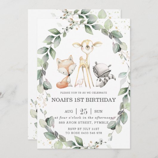 Invitation Bois Animaux Verdure rustique Jour d'anniversaire (Devant / Derrière)